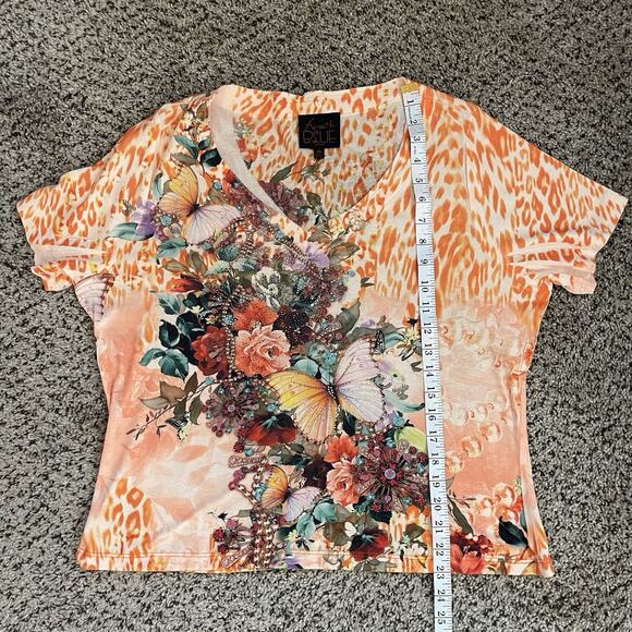 Vtg FRENCH BLUE Orange Boxy Tee Butterfly Rhinestone Cheetah Y2K Fairy Sz 1X - Picture 7 of 7